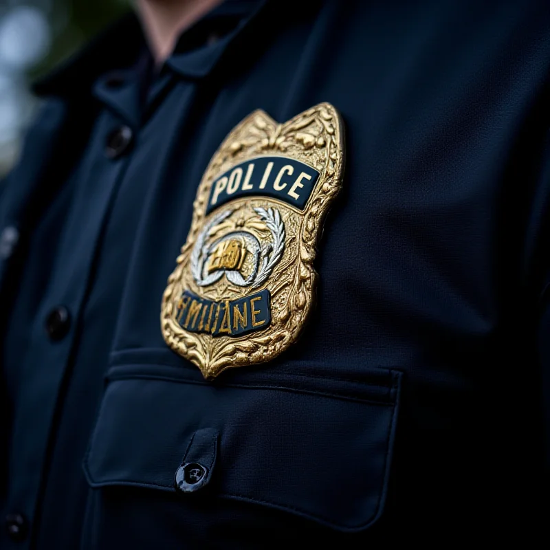 A close-up of police officer's badge, symbolizing law enforcement and authority.