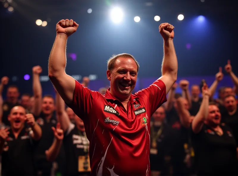 Luke Humphries celebrating a darts victory, Exeter crowd in background.