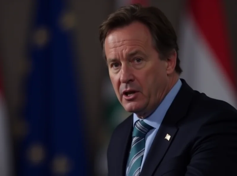 Peter Szijjarto speaking at a podium with Hungarian and European Union flags behind him.