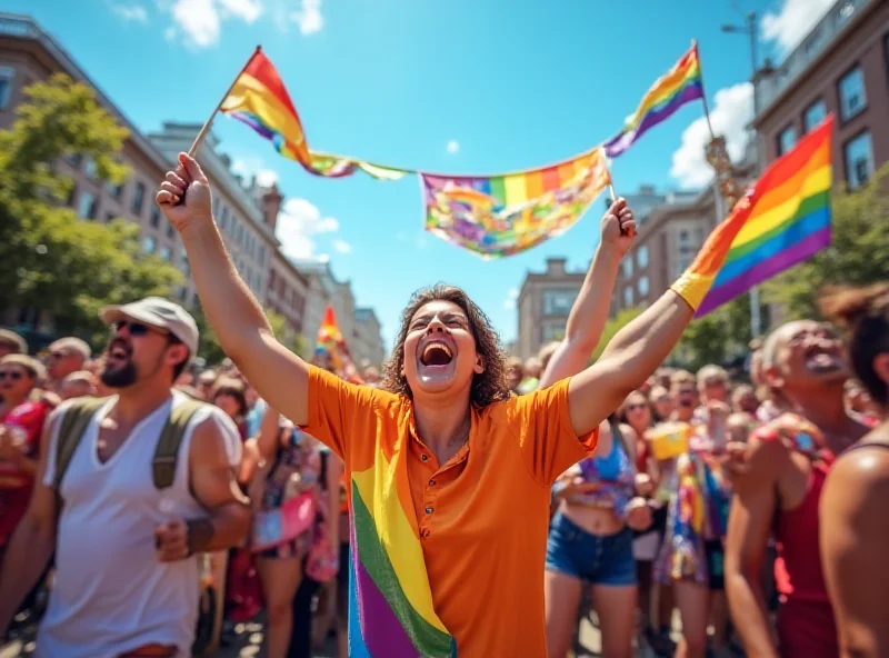 A vibrant Pride march with rainbow flags and banners, people smiling and celebrating.