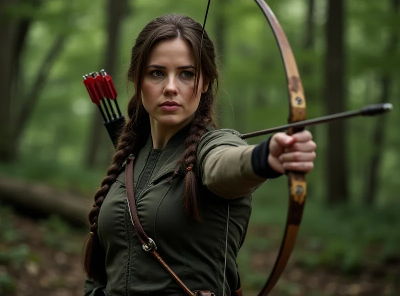 Katniss Everdeen holding her bow and arrow, looking determined, in a forest setting.