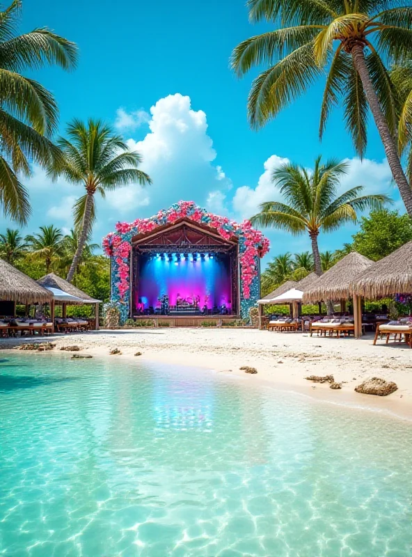 A luxurious beach resort with clear turquoise water, palm trees, and a stage set up for a music festival.