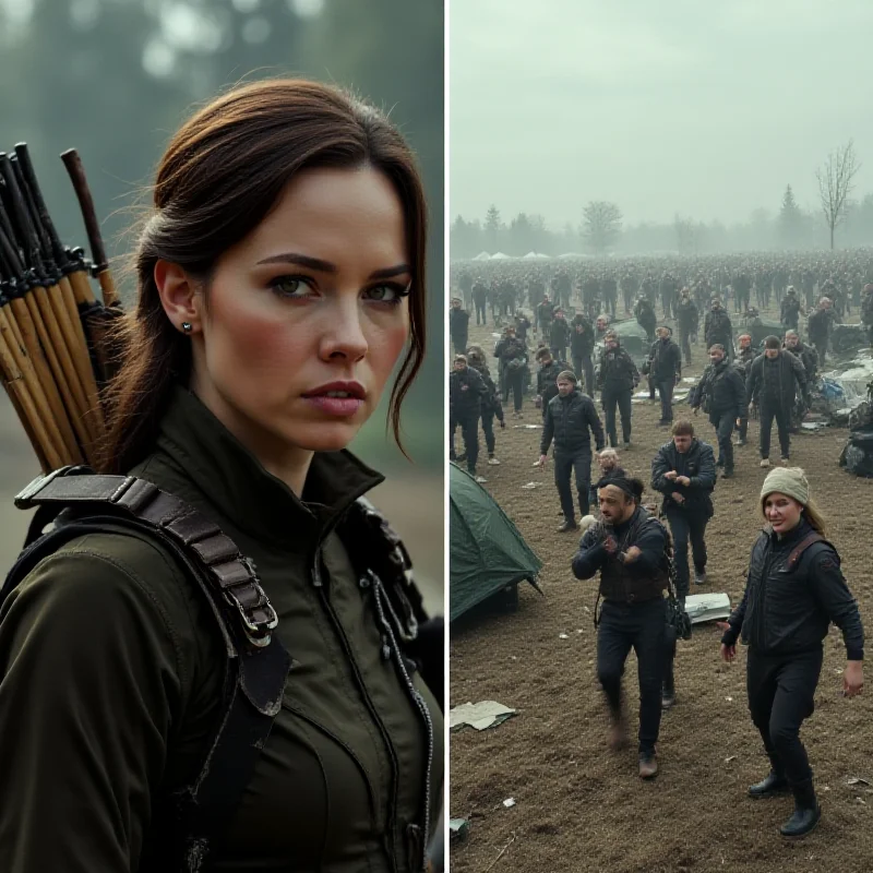 A split image. On the left, Katniss Everdeen from The Hunger Games, bow drawn, looking determined. On the right, a chaotic scene from the original Fyre Festival, showing tents and disorganization.