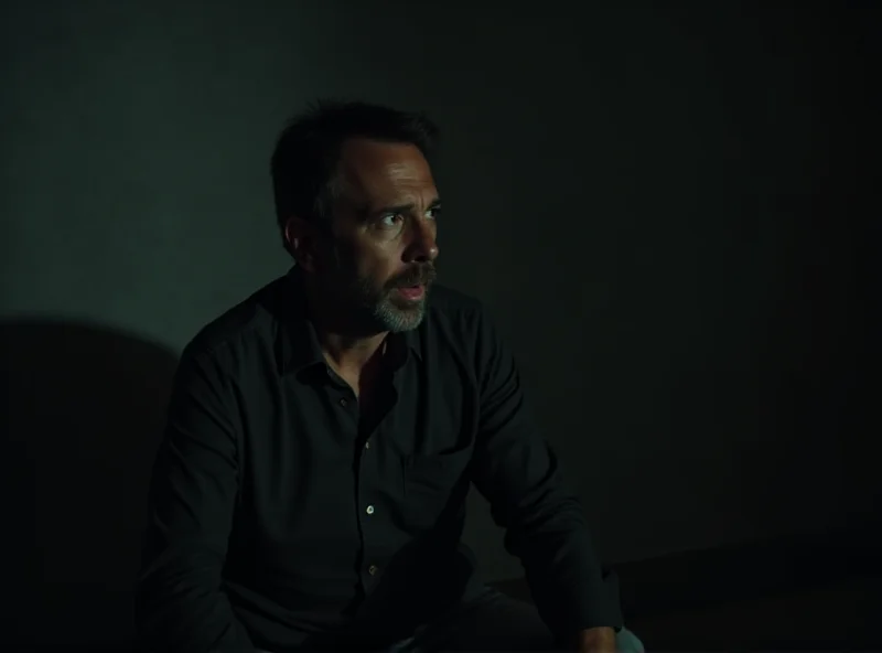 A worried man sitting alone in a dimly lit room, looking distraught.