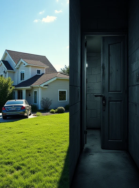 A split image showing a sunny suburban home on one side and a dark, cold jail cell on the other.