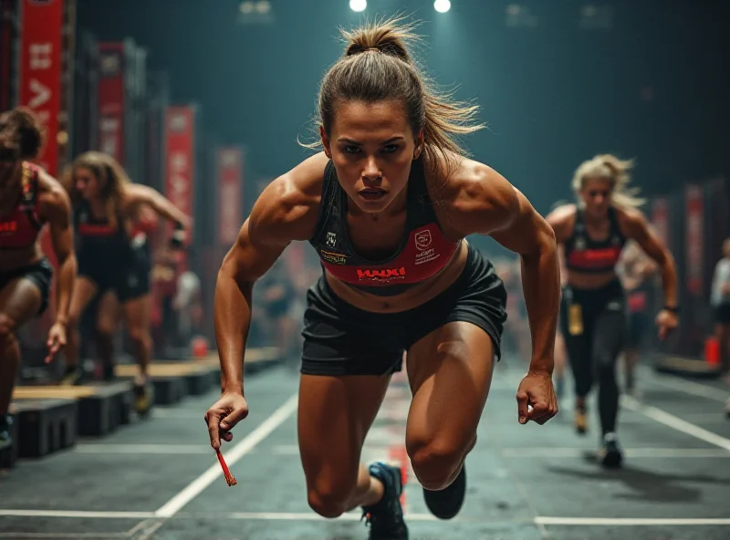 A group of people participating in a Hyrox competition, running towards a fitness station.