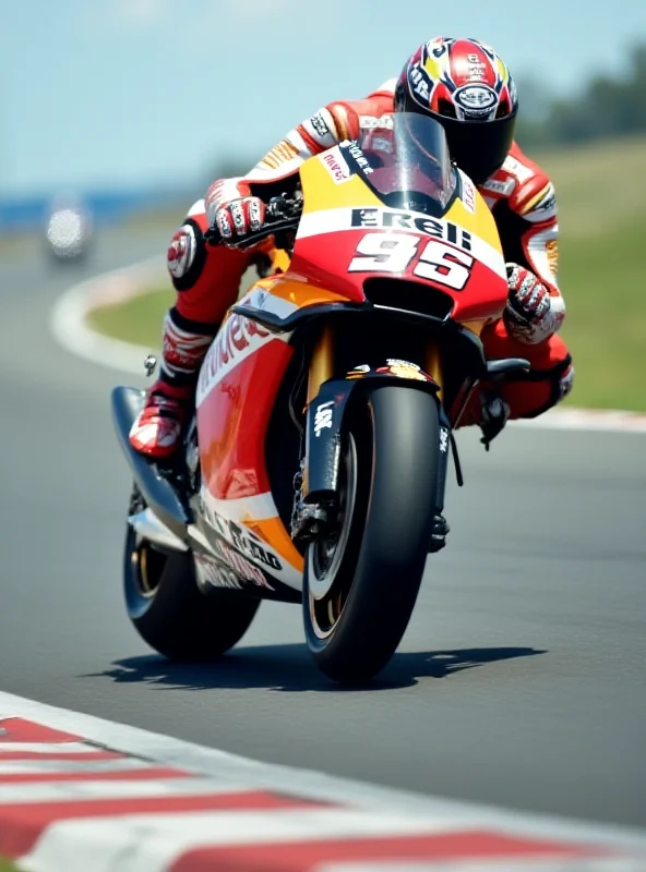 A MotoGP motorcycle racing around a track, with Pirelli tires clearly visible.