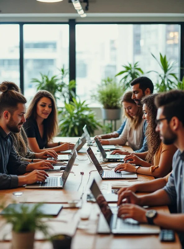 A diverse group of professionals working together in a modern office environment.