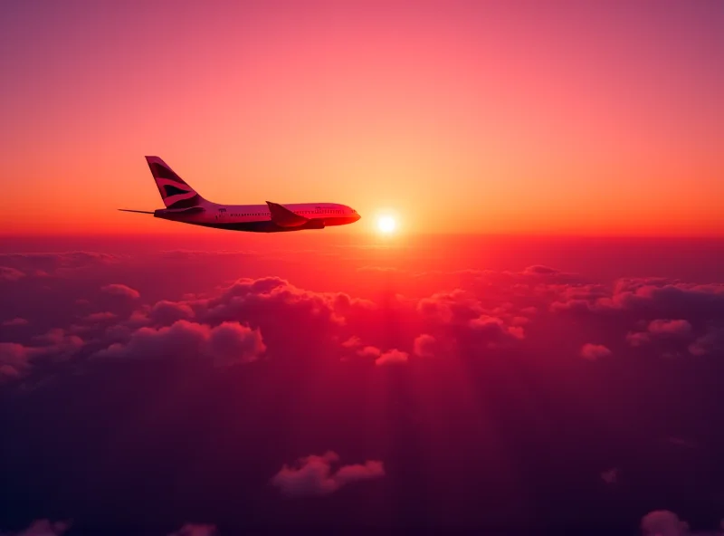 Aerial view of a British Airways airplane flying over the Atlantic Ocean at sunset.