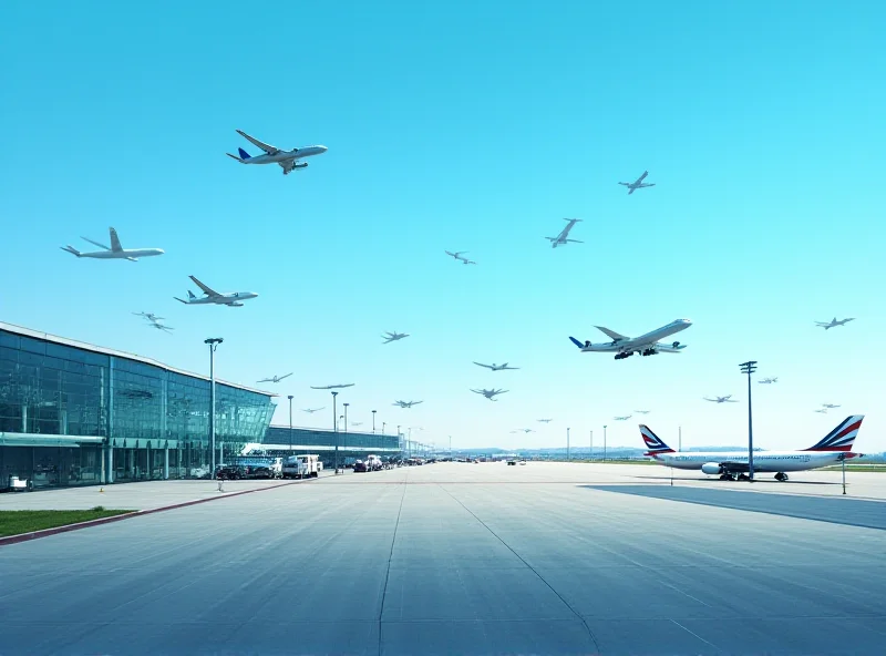 Modern airport terminal with planes taking off and landing, representing the busy aviation industry.