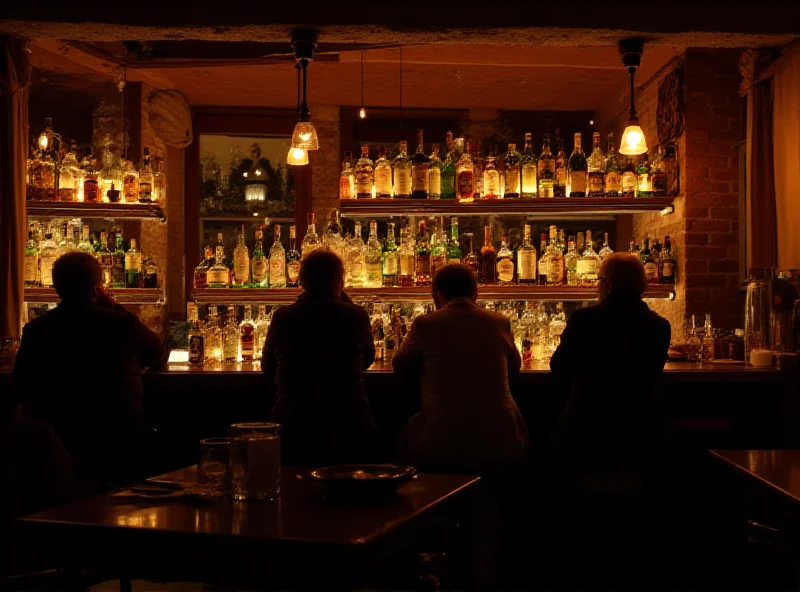 A dimly lit traditional Spanish bar with a wooden bar top and shelves stocked with bottles. Patrons are seated at the bar and tables, engaged in conversation.