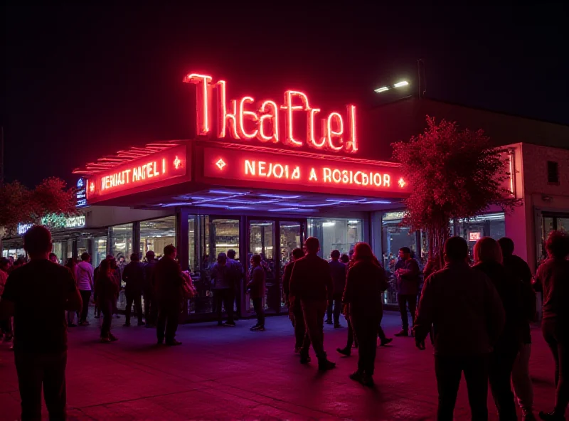 The Teatro Kapital building at night, brightly lit with neon lights and signage. People are lined up outside, waiting to enter the venue.