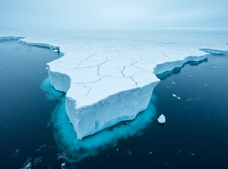 Aerial view of a massive iceberg grounded near a remote island, with visible cracks and fissures.