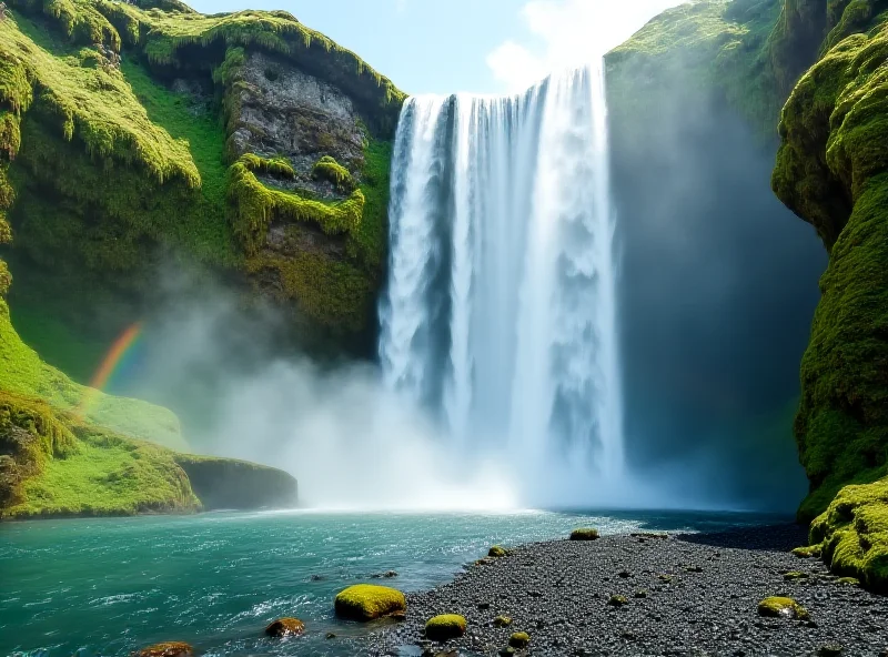 A stunning Icelandic waterfall cascading down a rocky cliff, surrounded by green vegetation, with a bright rainbow visible in the mist.