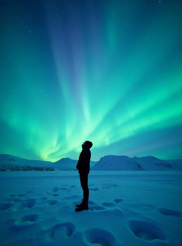 The Northern Lights shimmering in green and purple hues above a snow-covered Icelandic landscape, with a silhouette of a person looking up in awe.