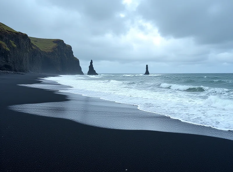 A panoramic view of a black sand beach in Iceland, with basalt columns, crashing waves, and a dramatic sky with dark clouds.