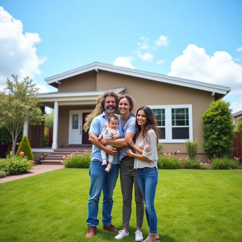 A family with a young child standing in front of a house.