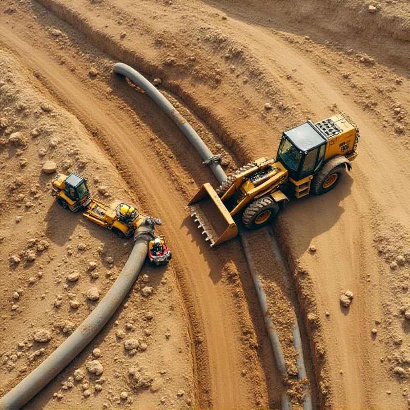 Aerial view of a gas pipeline construction site with heavy machinery and workers.