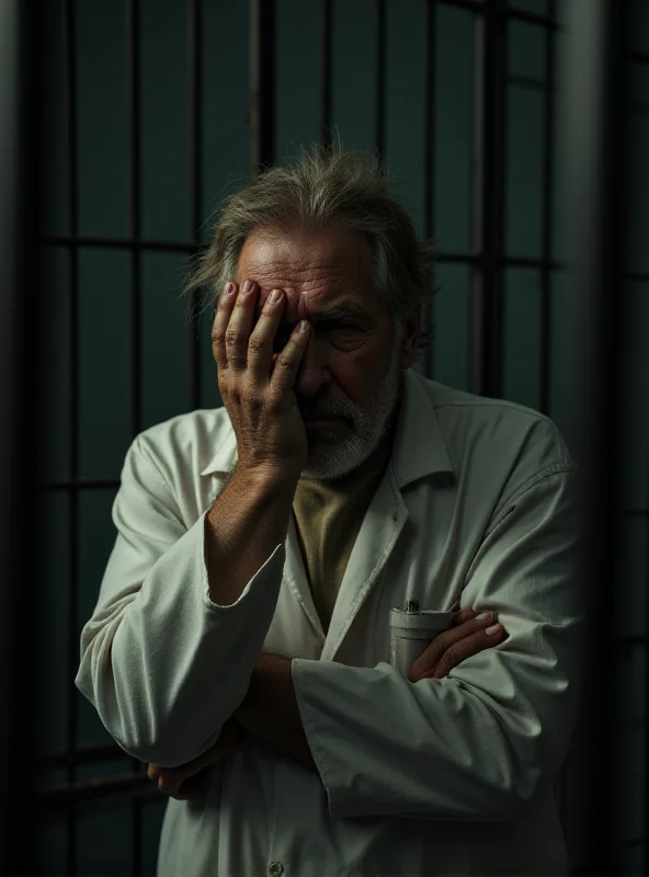 A distressed doctor in prison clothes, looking weary and disheveled, with bars in the background.