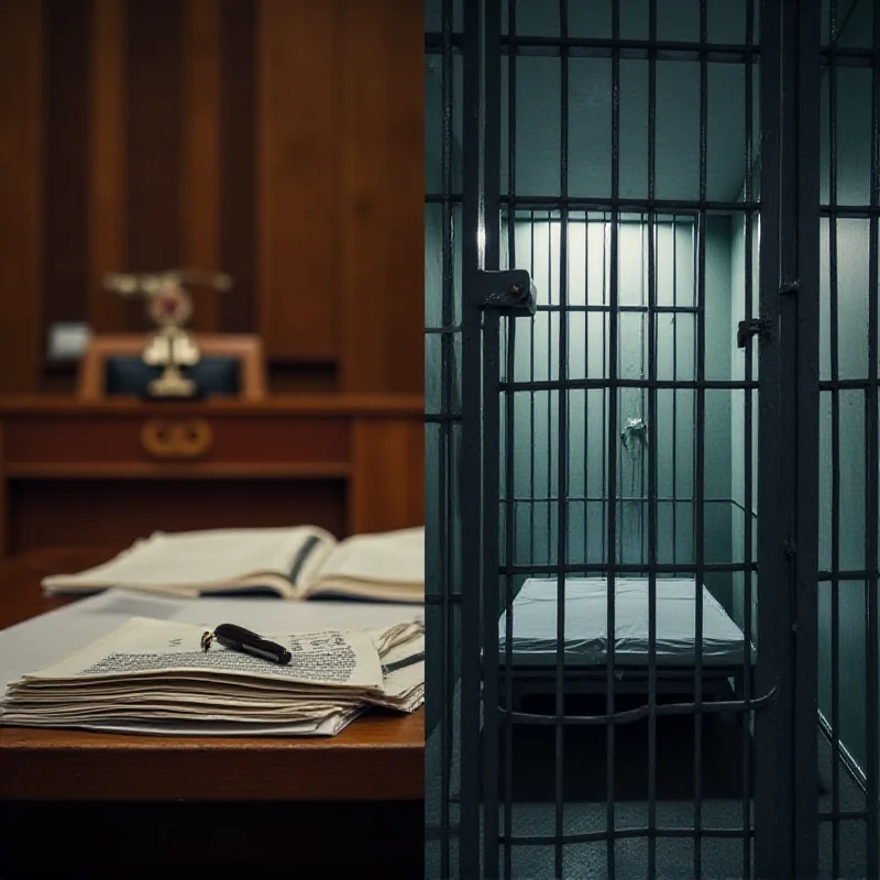 A split image showing a courtroom on one side and a prison cell on the other, symbolizing the two stories in the article.