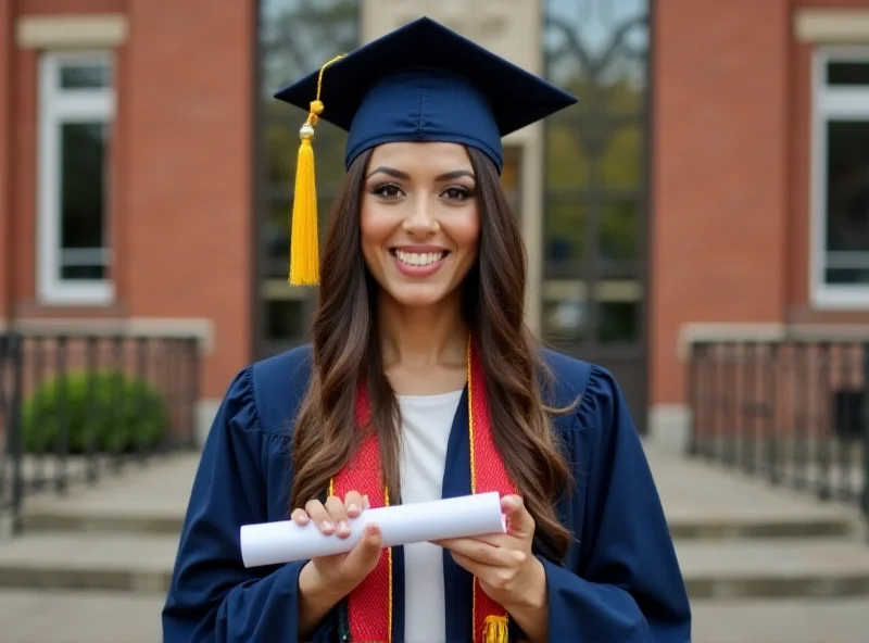 A young woman, Aleysha Ortiz, smiling confidently with a graduation cap and gown, holding a diploma. She is standing in front of a brick building, possibly a school or college.