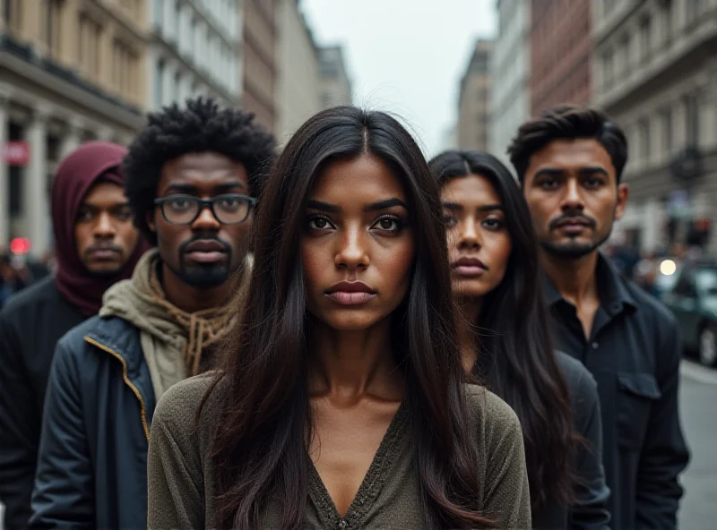 A group of young Indian adults standing together, looking concerned, in an urban American setting.