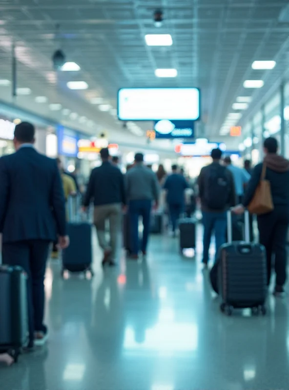 A crowded airport terminal with blurred figures walking around, focusing on a security checkpoint with a long queue.