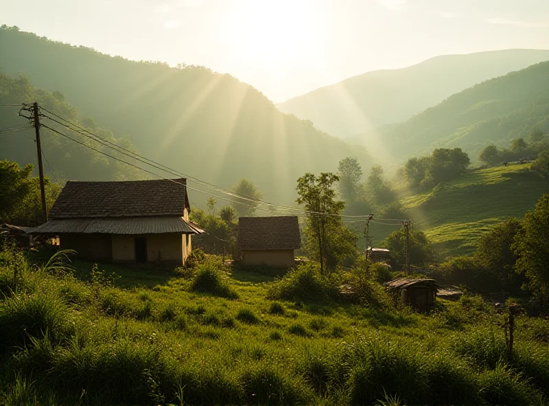 A panoramic view of a rural village in northeast India, with traditional houses and lush green hills in the background. A faint line representing the proposed border fence is visible cutting through the village.