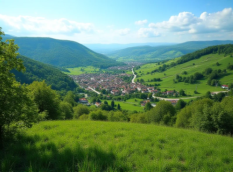 Scenic view of Dudince, a spa town in Slovakia, with rolling hills and thermal baths.