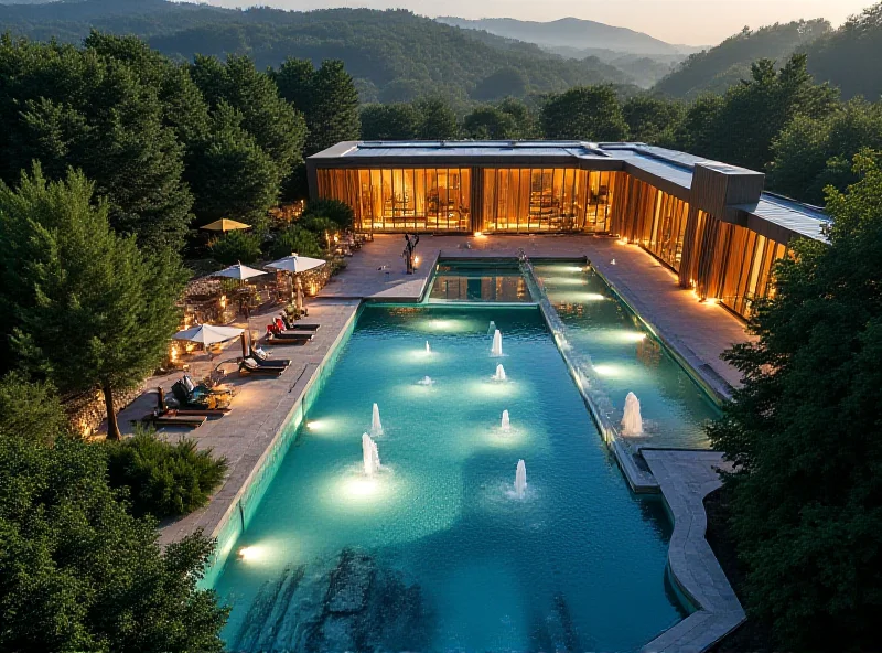 Aerial view of a modern spa facility in Dudince, showcasing its architecture and surrounding landscape.