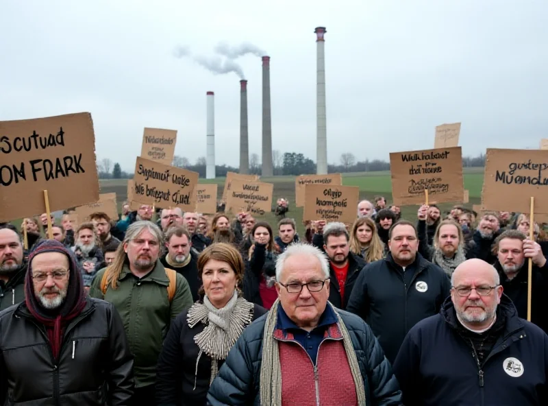 Protestors holding signs against the construction of a waste incinerator in a rural setting, with smoke stacks visible in the distance.