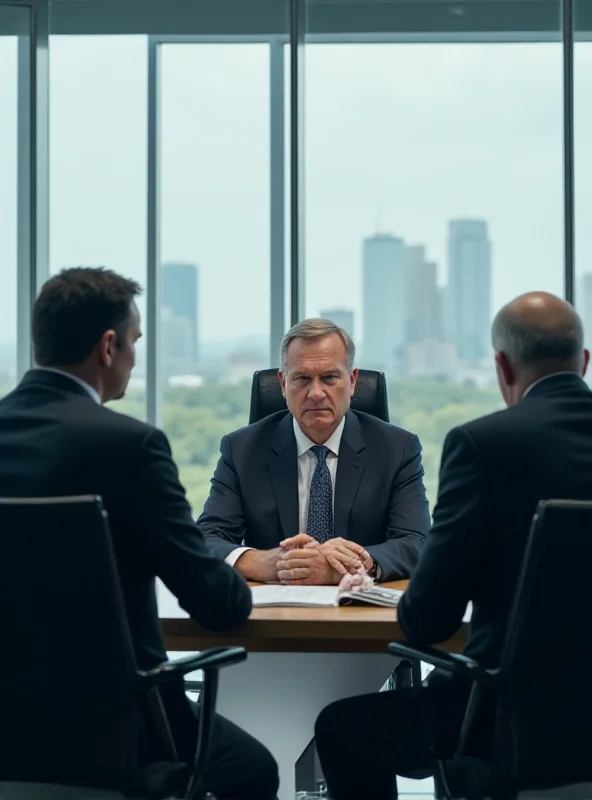 A meeting between two ministers, one looking frustrated and the other appearing calm and collected, in a modern office setting.