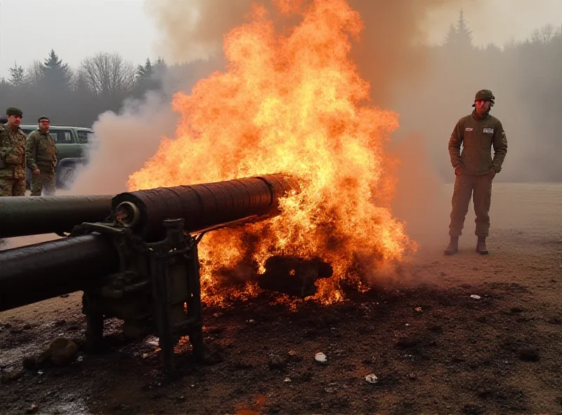 A damaged Zuzana 2 cannon after a load test, with smoke and flames visible, set against a backdrop of military vehicles and personnel.