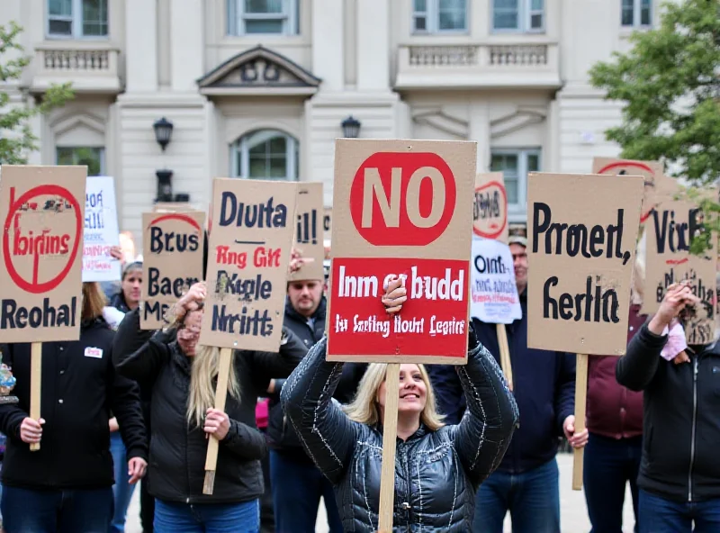 A protest against a waste incinerator. People are holding signs with slogans like 'No Incinerator' and 'Protect Our Health'. The protesters are standing in front of a government building, creating a visual representation of public opposition to the project.