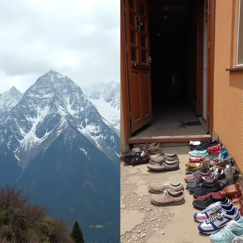 Collage of a snowy mountain and various pairs of shoes neatly placed at the entrance of a home.