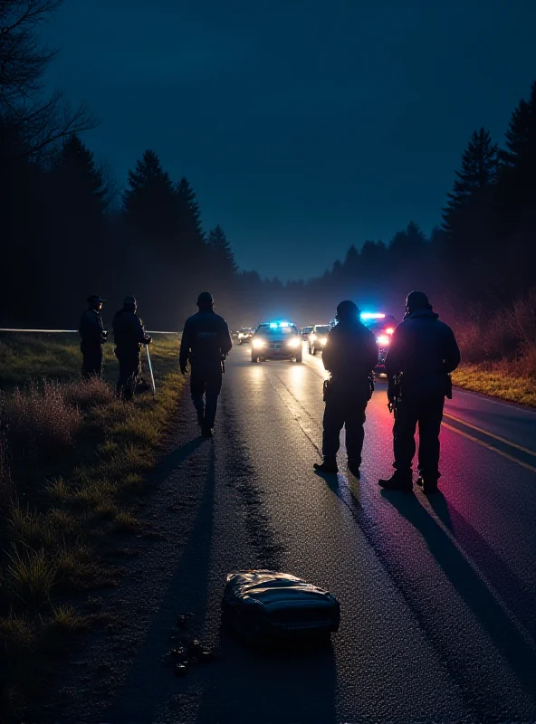 Image of a crime scene investigation at night, with police officers examining a suitcase on the side of a road.