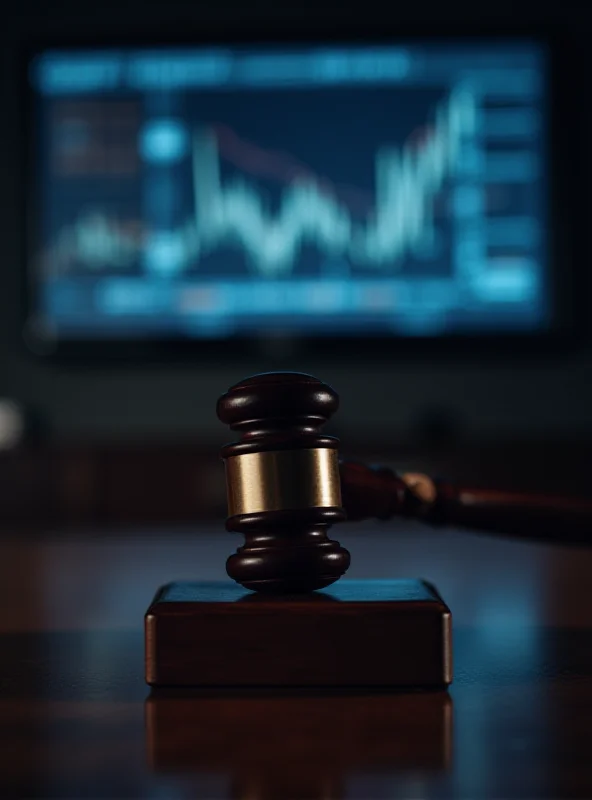 Courtroom scene with judge gavel and financial charts in the background