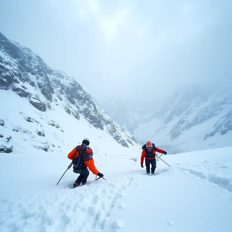 Snowy mountain landscape with search and rescue team looking for survivors after avalanche