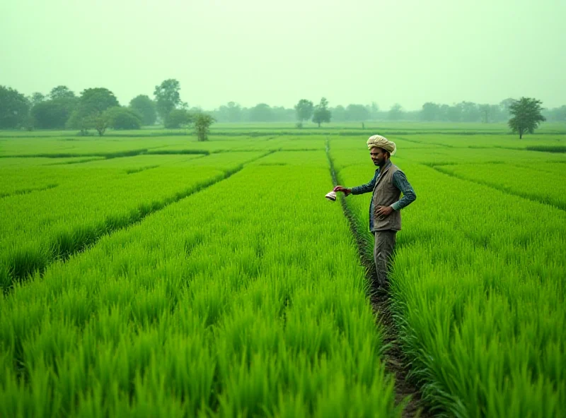 Aerial view of lush green farmland in India, with a farmer inspecting crops in the foreground