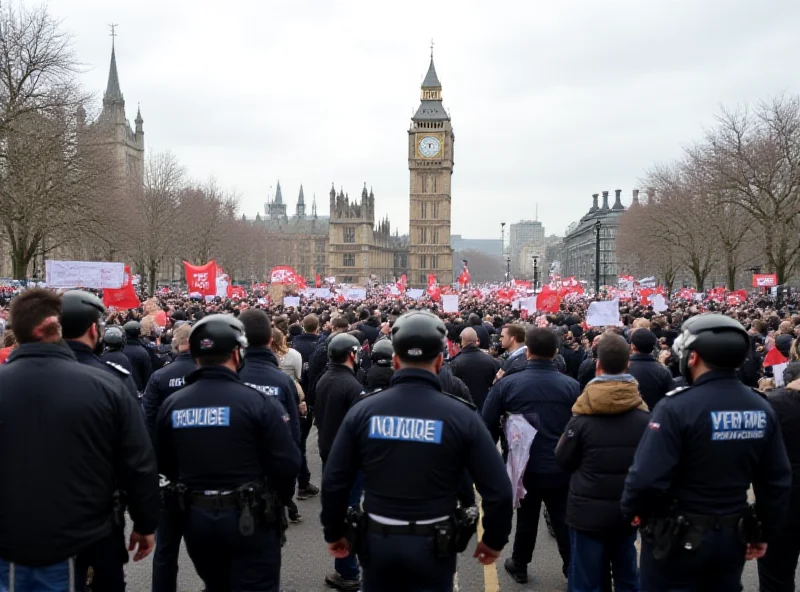 Protest with flags and banners outside a government building in London.