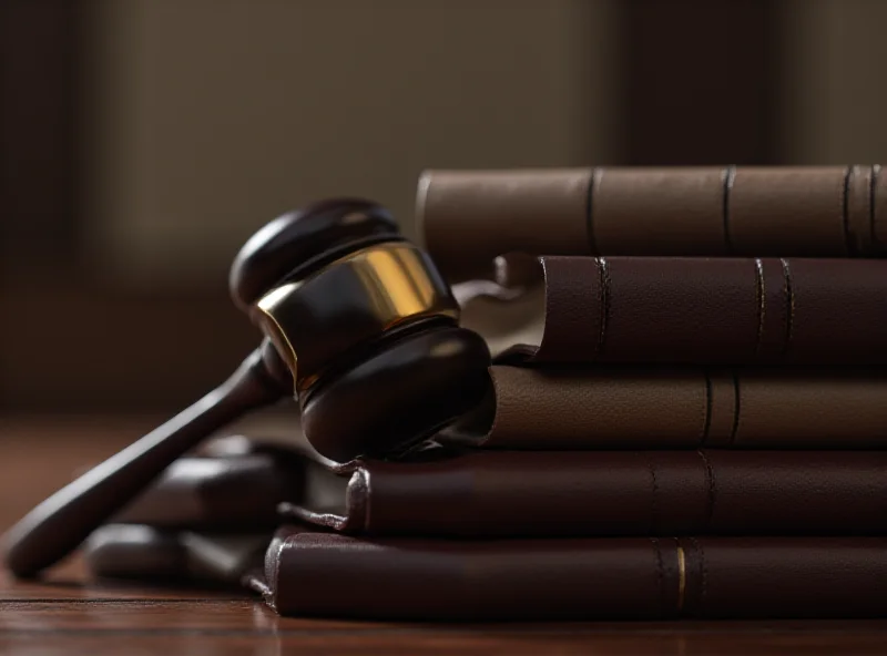 A gavel resting on a stack of legal books in a courtroom setting.