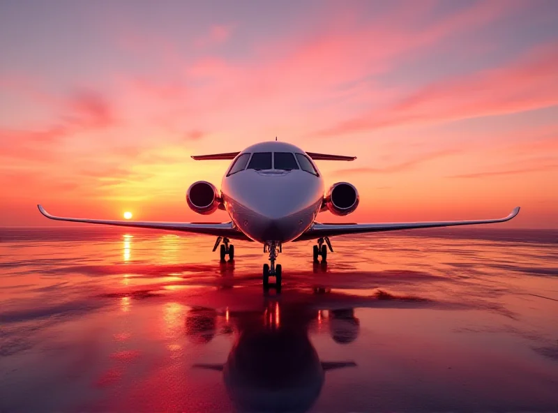 A modern private jet parked on a tarmac with the sun setting in the background.