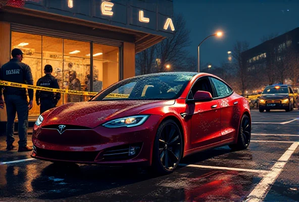 Digital illustration of a damaged Tesla car at a dealership with broken windows and signs of fire damage. Police tape surrounds the area.