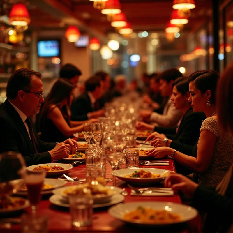 A bustling restaurant scene inside India Gate, with elegantly dressed patrons enjoying a variety of Indian dishes. The atmosphere is vibrant and lively.