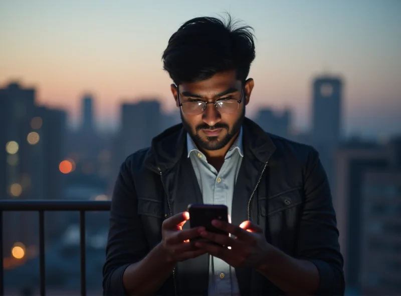 Young Indian man looking at crypto trading charts on his phone, with a cityscape in the background.