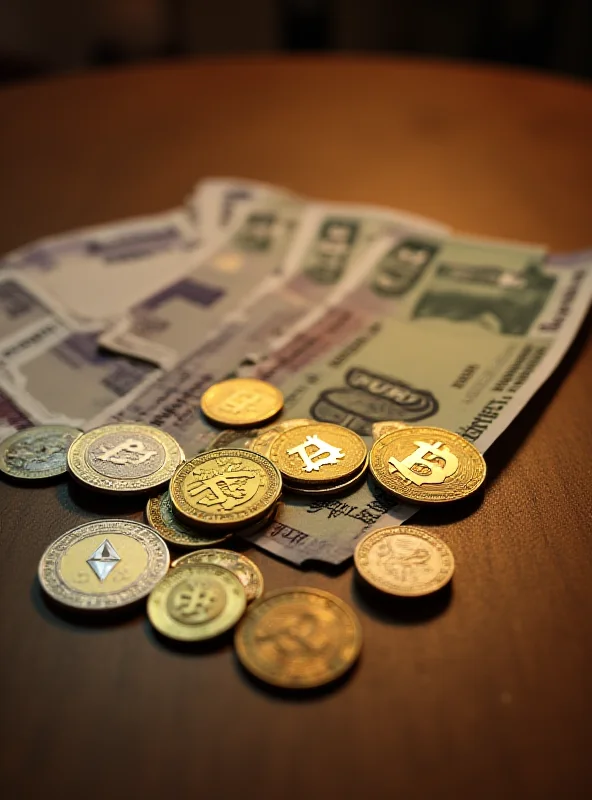 Image of Indian Rupees and various crypto coins on a table, suggesting financial transactions.