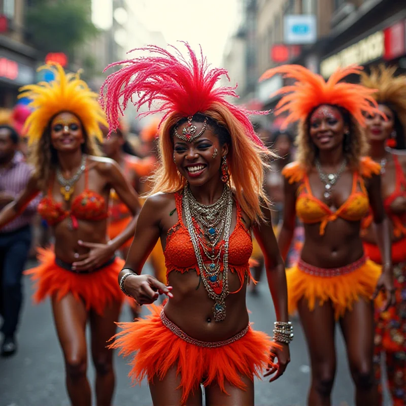 A vibrant and energetic carnival scene with people in colorful costumes dancing and celebrating in the streets.