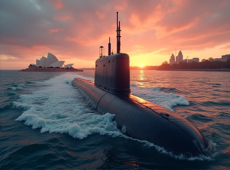 Conceptual image of a submarine breaking the surface of the water near the Australian coast, with a backdrop of the Sydney Opera House.
