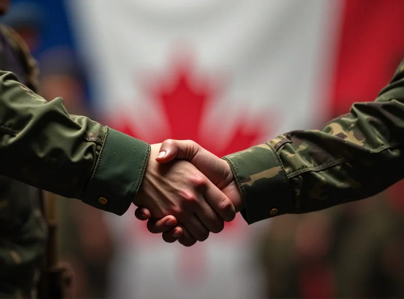 A handshake between a Filipino and a Canadian soldier, set against the backdrop of their respective national flags.