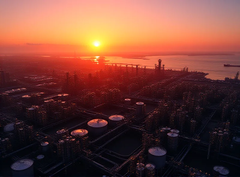 Aerial view of a large oil refinery complex at sunset.